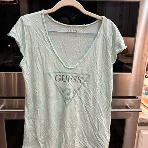 GUESS Mint Green V-Neck Tee, Y2K, size XL, has wear